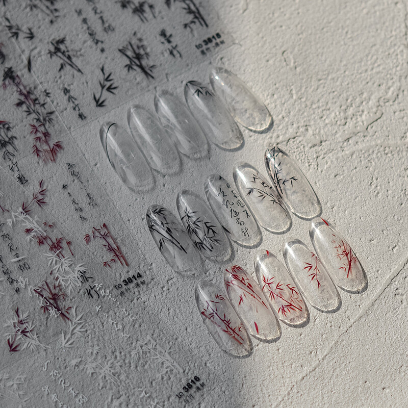 1db 5D tavaszi kínai Retro piros zöld bambusz körömbűvölő matricák 4Styles körömdíszek matricák DIY öntapadó csúszka