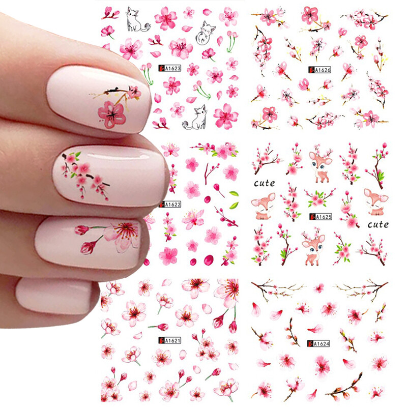 Άνοιξη Sakura Nail Water Αυτοκόλλητα Ροζ άνθη κερασιάς Αυτοκόλλητα λουλούδια φύλλα δέντρο Καλοκαιρινό νύχια καλλιτεχνική διακόσμηση Sliders BEA1621-1632