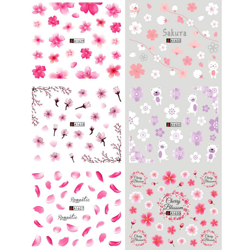 Άνοιξη Sakura Nail Water Αυτοκόλλητα Ροζ άνθη κερασιάς Αυτοκόλλητα λουλούδια φύλλα δέντρο Καλοκαιρινό νύχια καλλιτεχνική διακόσμηση Sliders BEA1621-1632