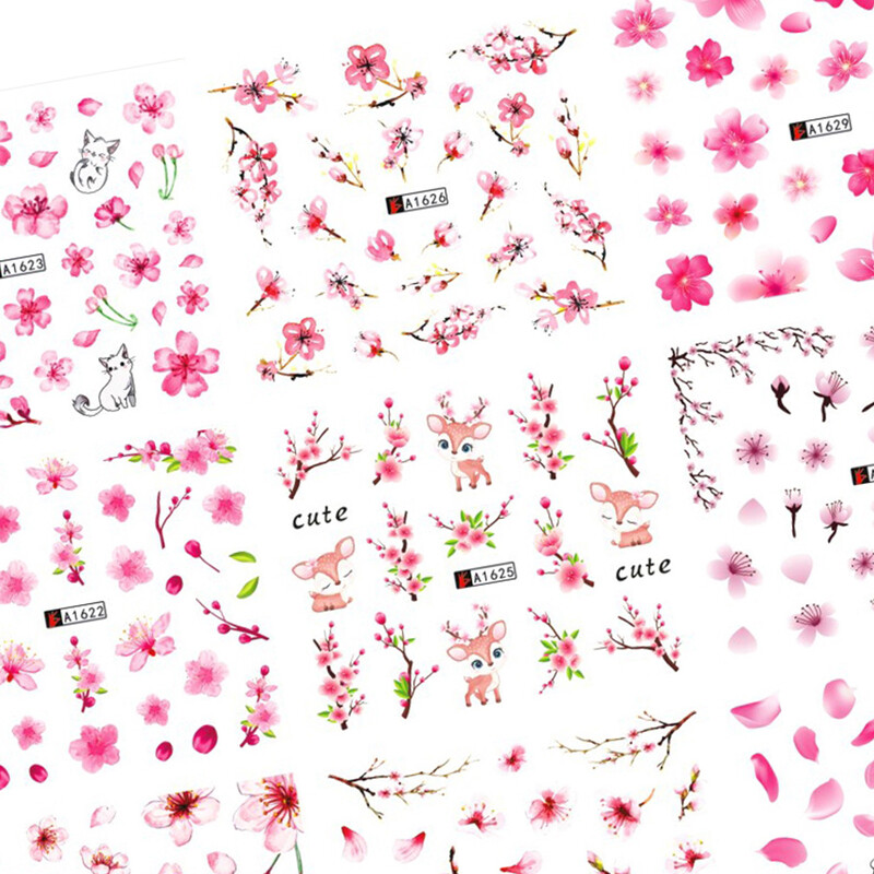 Άνοιξη Sakura Nail Water Αυτοκόλλητα Ροζ άνθη κερασιάς Αυτοκόλλητα λουλούδια φύλλα δέντρο Καλοκαιρινό νύχια καλλιτεχνική διακόσμηση Sliders BEA1621-1632