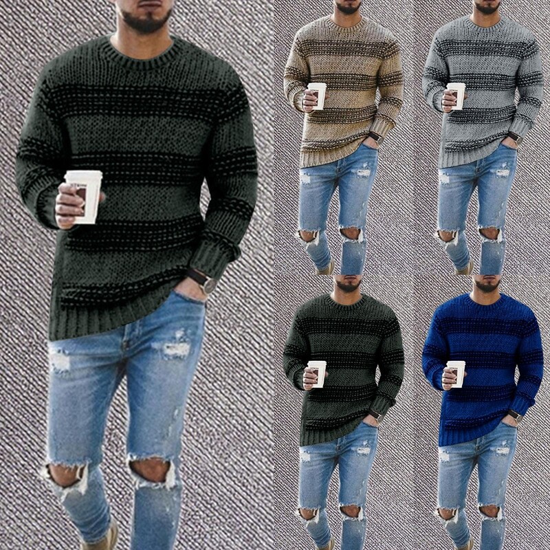 Ανδρικό φθινοπωρινό και χειμερινό πουλόβερ στρογγυλό πλεκτό ριγέ casual με πλήρες μανίκι πουλόβερ ανθεκτικό καθημερινό παλτό 1 PC Ανδρική μπλούζα