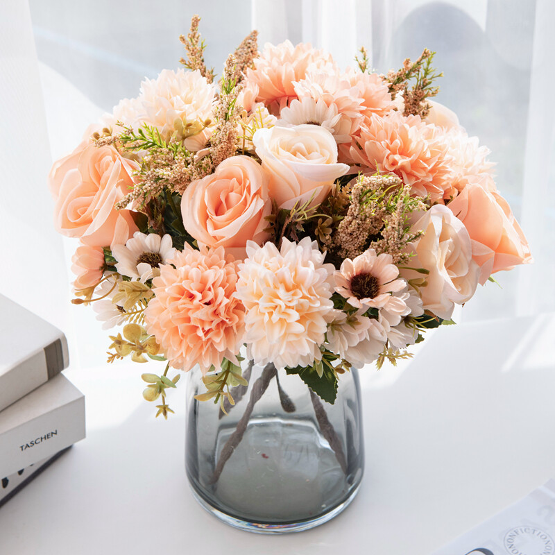 Kiváló minőségű művirágok újévi dekoráció esküvői kert Rózsaív karácsonyi otthon Hamis selyem rózsa hortenzia váza