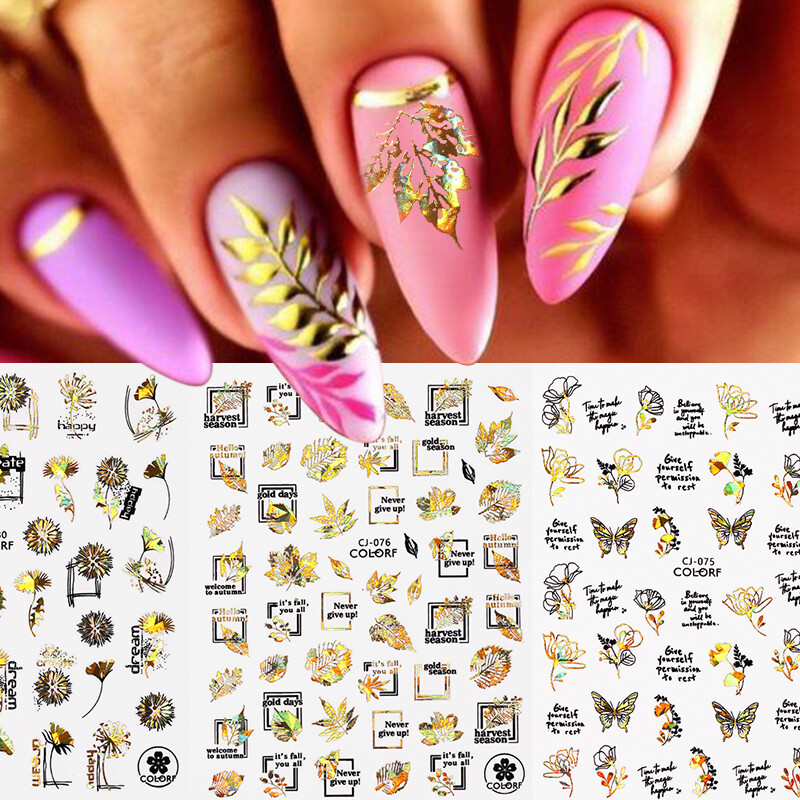 Juodo aukso klevo lapai 3D nagų lipdukai lazerinis sidabras elegantiškas gėlė drugelis Lipnus rudens dizaino dekoravimas manikiūras