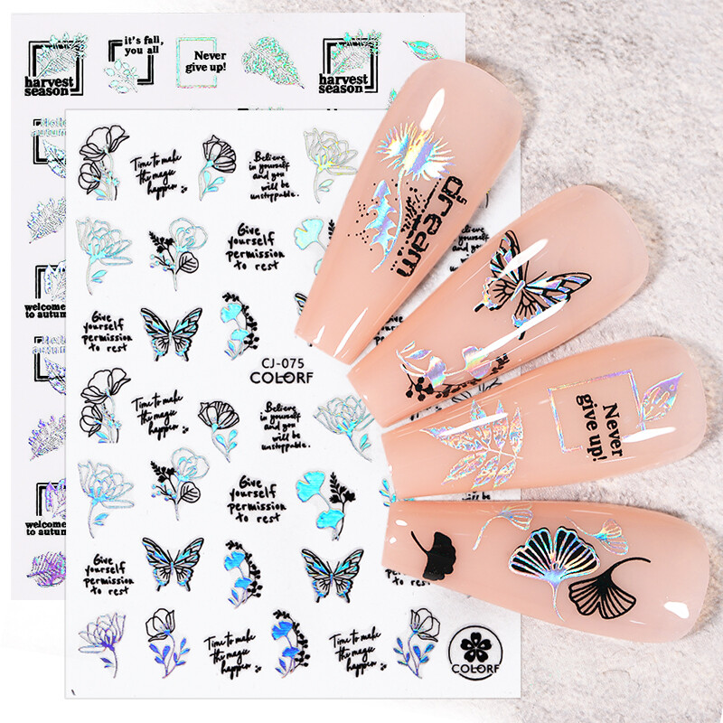 Juodo aukso klevo lapai 3D nagų lipdukai lazerinis sidabras elegantiškas gėlė drugelis Lipnus rudens dizaino dekoravimas manikiūras