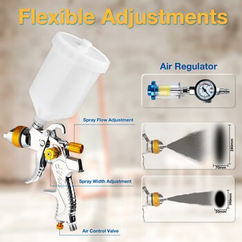 Пистолет за пръскане HVLP с комплект дюзи 1,4/1,7/2,0 мм, регулатор, инструмент за боядисване на филтърна хартия за пръскане на грунд за автомобили/стени/мебели