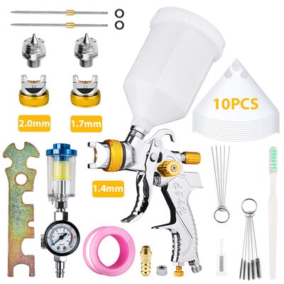 Pistol de pulverizare HVLP cu set de duze de 1,4/1,7/2,0 mm, reglator, instrument de vopsire a hârtiei de filtru, pentru pulverizarea suprafeței pentru grunduri auto/pereți/mobilier