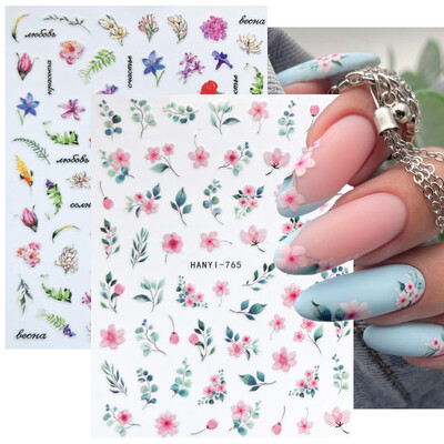 Charms Nail Art Flori Autocolant unghii 3D Pink Spring Blossom Nail Art Decalcomani Frunze verzi Glisoare DIY Decorare manichiura