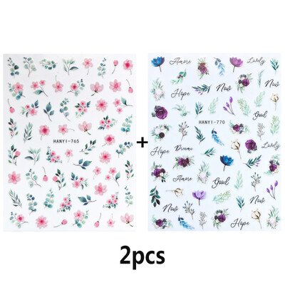 Charms Nail Art Gėlės Nagų lipdukas 3D Pink Spring Blossom Nail Art Lipdukai Žali lapai Slankikliai „Pasidaryk pats“ Papuoškite manikiūrą