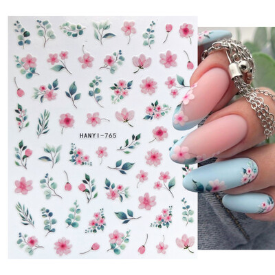 Charms Nail Art Gėlės Nagų lipdukas 3D Pink Spring Blossom Nail Art Lipdukai Žali lapai Slankikliai „Pasidaryk pats“ Papuoškite manikiūrą