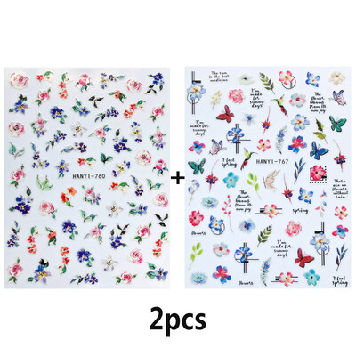 Charms Nail Art Gėlės Nagų lipdukas 3D Pink Spring Blossom Nail Art Lipdukai Žali lapai Slankikliai „Pasidaryk pats“ Papuoškite manikiūrą