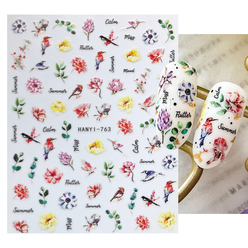 Charms Nail Art Gėlės Nagų lipdukas 3D Pink Spring Blossom Nail Art Lipdukai Žali lapai Slankikliai „Pasidaryk pats“ Papuoškite manikiūrą