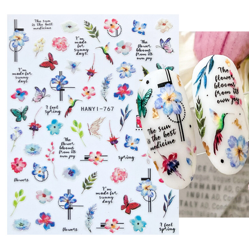 Charms Nail Art Gėlės Nagų lipdukas 3D Pink Spring Blossom Nail Art Lipdukai Žali lapai Slankikliai „Pasidaryk pats“ Papuoškite manikiūrą