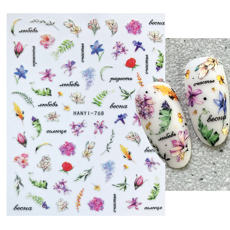 Charms Nail Art Gėlės Nagų lipdukas 3D Pink Spring Blossom Nail Art Lipdukai Žali lapai Slankikliai „Pasidaryk pats“ Papuoškite manikiūrą