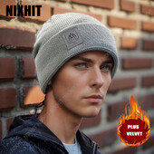 NIXHIT New Plus Velvet Thicken Knitted Beanie Warm Skullies Beanies Ανδρικά Καπέλο Πλεκτά Καπέλα Casual Riding για Άντρες Καπέλα Γυναικεία