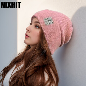 NIXHIT New Plus Velvet Thicken Knitted Beanie Warm Skullies Beanies Мъжки зимни шапки Плетени шапки Ежедневни езда за мъже Шапка Жени