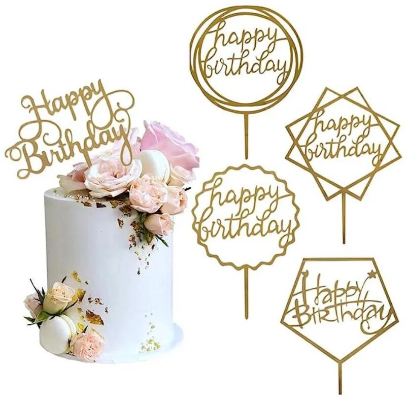 5 vnt Auksinis akrilinis torto dangtelis 5 vnt Happy Birthday Cake Topper torto dekoravimo reikmenys gimtadienio puošmenoms