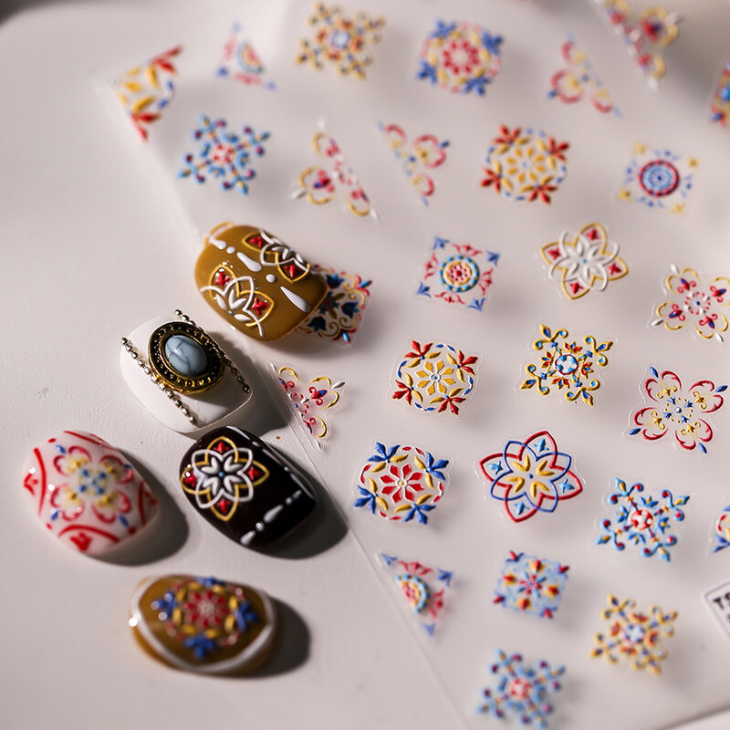 Χρωματιστά ρετρό τοτέμ μποέμικο στυλ 5D μαλακά ανάγλυφα αυτοκόλλητα αυτοκόλλητα νυχιών τέχνης Vintage αυτοκόλλητα μανικιούρ Χονδρική