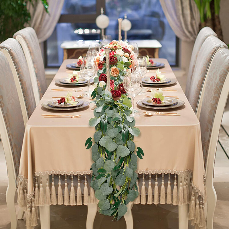 1 vnt dirbtinis eukalipto gluosnio lapų žalių gėlių vainikas vestuvių fonui, valgomojo stalo tako dekoravimui