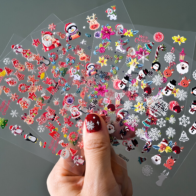 Kalėdų baltų snaigių nagų dailės lipdukas 5D reljefinis animacinis filmas Sniego senelis Briedis Varpelis Nagų lipdukai Slankikliai Kalėdinis manikiūras „Pasidaryk pats“ ir 8*10 cm