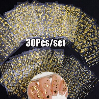 30Gb bronzējošas zelta/sudraba ģeometriskas zvaigznes/mēness nagu uzlīmes 5,5x6cmx30 lāzerzvaigzne/mēness nagu uzlīme DIY manikīra slīdņu komplekts