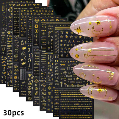 30Gb bronzējošas zelta/sudraba ģeometriskas zvaigznes/mēness nagu uzlīmes 5,5x6cmx30 lāzerzvaigzne/mēness nagu uzlīme DIY manikīra slīdņu komplekts
