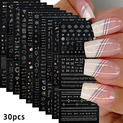 30Gb bronzējošas zelta/sudraba ģeometriskas zvaigznes/mēness nagu uzlīmes 5,5x6cmx30 lāzerzvaigzne/mēness nagu uzlīme DIY manikīra slīdņu komplekts