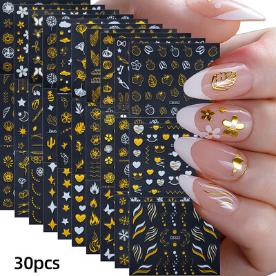 30Gb bronzējošas zelta/sudraba ģeometriskas zvaigznes/mēness nagu uzlīmes 5,5x6cmx30 lāzerzvaigzne/mēness nagu uzlīme DIY manikīra slīdņu komplekts