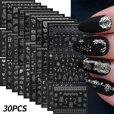 30Gb bronzējošas zelta/sudraba ģeometriskas zvaigznes/mēness nagu uzlīmes 5,5x6cmx30 lāzerzvaigzne/mēness nagu uzlīme DIY manikīra slīdņu komplekts