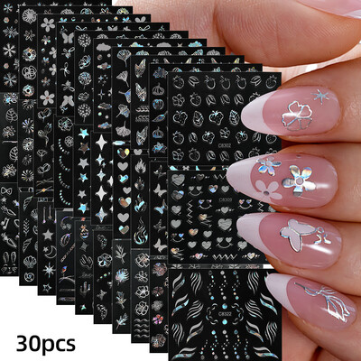 30Gb bronzējošas zelta/sudraba ģeometriskas zvaigznes/mēness nagu uzlīmes 5,5x6cmx30 lāzerzvaigzne/mēness nagu uzlīme DIY manikīra slīdņu komplekts