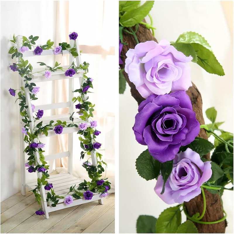 2 buc. Ghirlandă de flori de trandafir mov artificială viță de vie de mătase, agățată iedera, ghirlandă florală, perete de acasă, decorațiuni pentru petrecerea de nuntă