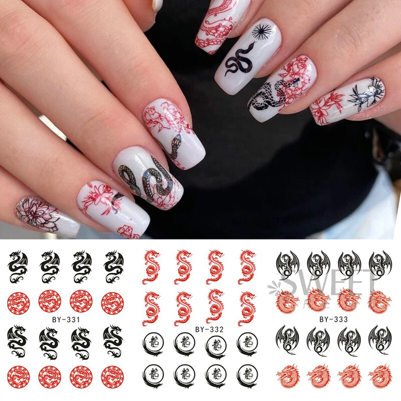 12 komada Zmaj Vodeni tobogan za nokte Kineska Nova godina Maskota Zmija Vatra Dizajn Uzorak Transfer Naljepnica Šarm 2024 Manikura folija za omote