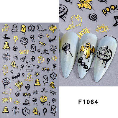 Τρισδιάστατα αυτοκόλλητα αποκριάτικων νυχιών Χρυσή αράχνη γάτα φάντασμα με σχέδιο κολοκύθας Χαλκομανίες Ολογραφικό συρόμενο νυχιών DIY Διακόσμηση μανικιούρ