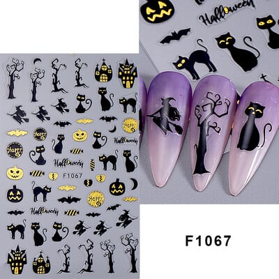 Τρισδιάστατα αυτοκόλλητα αποκριάτικων νυχιών Χρυσή αράχνη γάτα φάντασμα με σχέδιο κολοκύθας Χαλκομανίες Ολογραφικό συρόμενο νυχιών DIY Διακόσμηση μανικιούρ