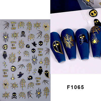 Τρισδιάστατα αυτοκόλλητα αποκριάτικων νυχιών Χρυσή αράχνη γάτα φάντασμα με σχέδιο κολοκύθας Χαλκομανίες Ολογραφικό συρόμενο νυχιών DIY Διακόσμηση μανικιούρ