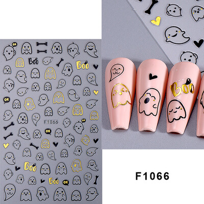 Τρισδιάστατα αυτοκόλλητα αποκριάτικων νυχιών Χρυσή αράχνη γάτα φάντασμα με σχέδιο κολοκύθας Χαλκομανίες Ολογραφικό συρόμενο νυχιών DIY Διακόσμηση μανικιούρ