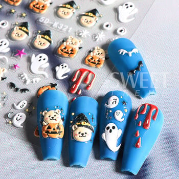 5D релефни стикери за Хелоуин Стикери за нокти Сладка карикатура Bear Ghost Design Y2K Star Nail Art Sticker Decals Направи си сам маникюр декорация