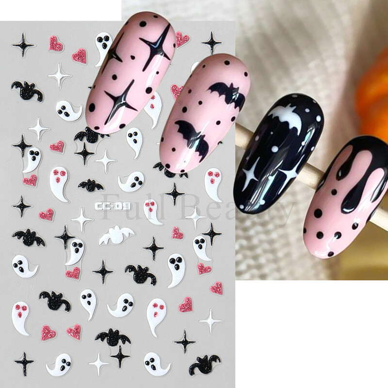 Slatki 3D Ghost klizači za nokte Noć vještica Naljepnice za nokte Crtani dizajn Šišmiši Zvijezde Paukova mreža Ljepljive naljepnice Ukras za vrhove noktiju