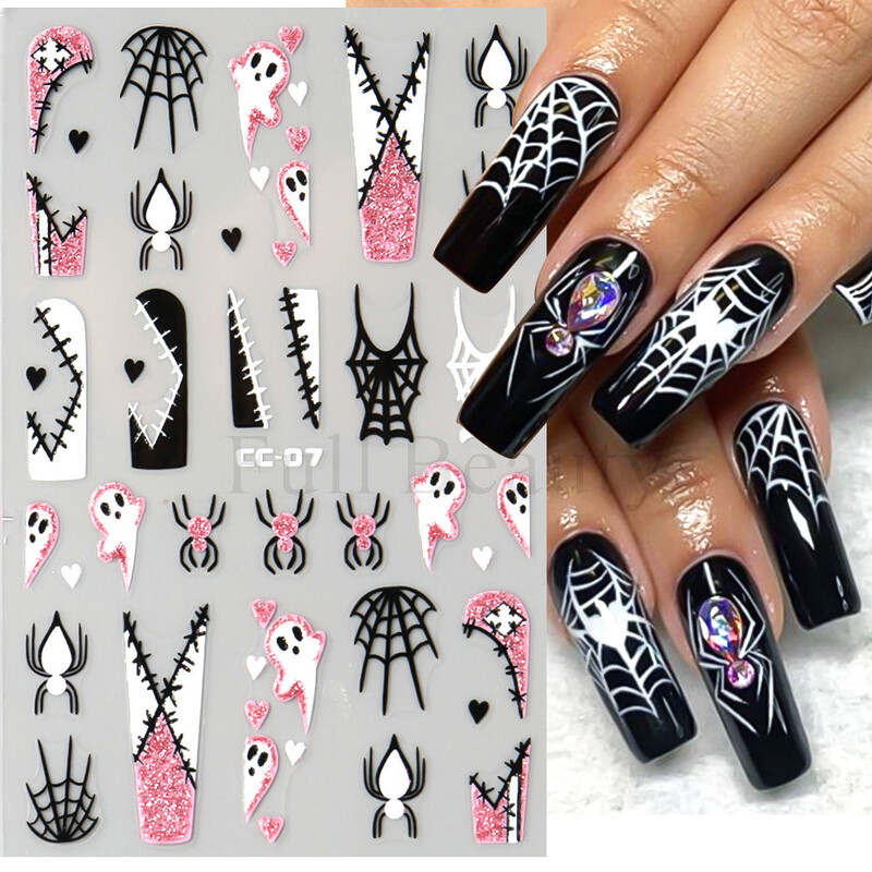 Slatki 3D Ghost klizači za nokte Noć vještica Naljepnice za nokte Crtani dizajn Šišmiši Zvijezde Paukova mreža Ljepljive naljepnice Ukras za vrhove noktiju