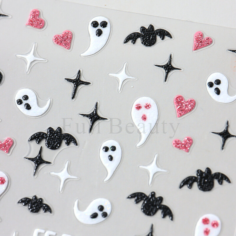 Slatki 3D Ghost klizači za nokte Noć vještica Naljepnice za nokte Crtani dizajn Šišmiši Zvijezde Paukova mreža Ljepljive naljepnice Ukras za vrhove noktiju