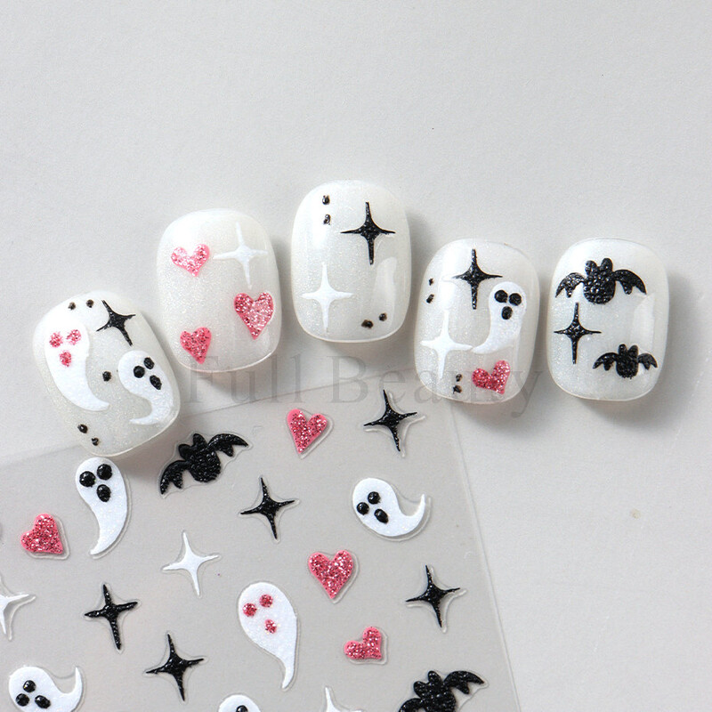 Slatki 3D Ghost klizači za nokte Noć vještica Naljepnice za nokte Crtani dizajn Šišmiši Zvijezde Paukova mreža Ljepljive naljepnice Ukras za vrhove noktiju