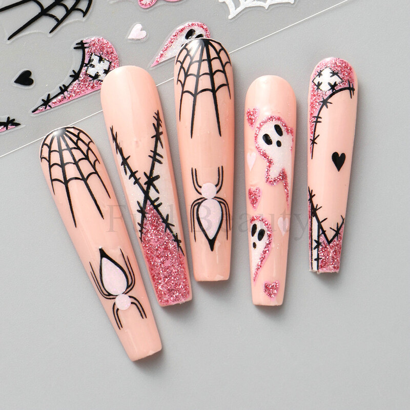 Slatki 3D Ghost klizači za nokte Noć vještica Naljepnice za nokte Crtani dizajn Šišmiši Zvijezde Paukova mreža Ljepljive naljepnice Ukras za vrhove noktiju