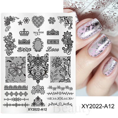 Širdies geometrija štampavimas nagų antspaudų plokštelės Trafaretas Gėlės Nėriniai Prancūziški patarimai Manikiūras Nagų dailės spausdinimas Gelio lakas Šablonai Plokštelė