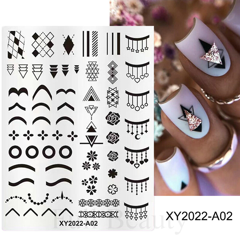 Širdies geometrija štampavimas nagų antspaudų plokštelės Trafaretas Gėlės Nėriniai Prancūziški patarimai Manikiūras Nagų dailės spausdinimas Gelio lakas Šablonai Plokštelė