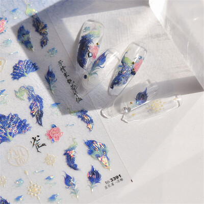 1 vnt. 5D lazeriu blizgantys japoniški nagų dailės lipdukai Prabangūs mėlyni žalia povai raudoni fenikso nagų dekoravimo lipdukai „pasidaryk pats“ nagų priedai