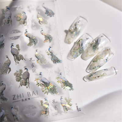 1 vnt. 5D lazeriu blizgantys japoniški nagų dailės lipdukai Prabangūs mėlyni žalia povai raudoni fenikso nagų dekoravimo lipdukai „pasidaryk pats“ nagų priedai