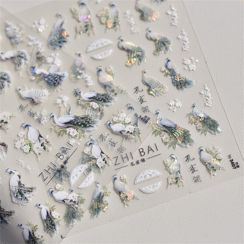 1 vnt. 5D lazeriu blizgantys japoniški nagų dailės lipdukai Prabangūs mėlyni žalia povai raudoni fenikso nagų dekoravimo lipdukai „pasidaryk pats“ nagų priedai