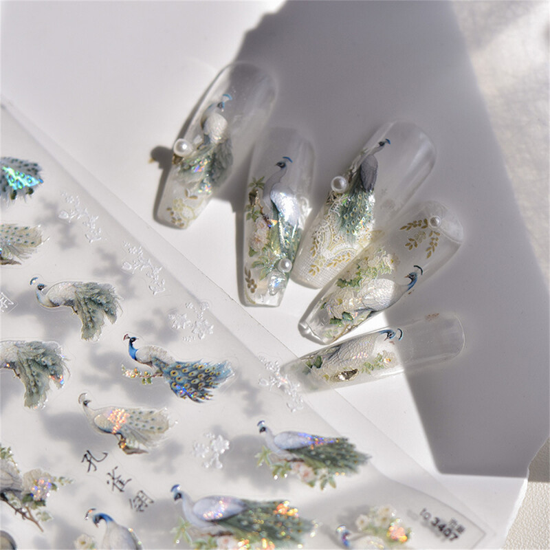 1 vnt. 5D lazeriu blizgantys japoniški nagų dailės lipdukai Prabangūs mėlyni žalia povai raudoni fenikso nagų dekoravimo lipdukai „pasidaryk pats“ nagų priedai