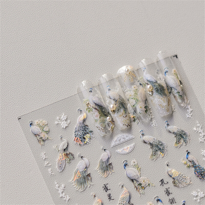 1 vnt. 5D lazeriu blizgantys japoniški nagų dailės lipdukai Prabangūs mėlyni žalia povai raudoni fenikso nagų dekoravimo lipdukai „pasidaryk pats“ nagų priedai