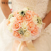YO CHO Νυφική ανθοδέσμη Bridesmaid Artificial PE Rose Flower Fake Pearl Pink Bouquet Wedding Supplies Διακοσμήσεις Φεστιβάλ