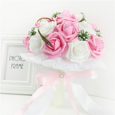 YO CHO Νυφική ανθοδέσμη Bridesmaid Artificial PE Rose Flower Fake Pearl Pink Bouquet Wedding Supplies Διακοσμήσεις Φεστιβάλ